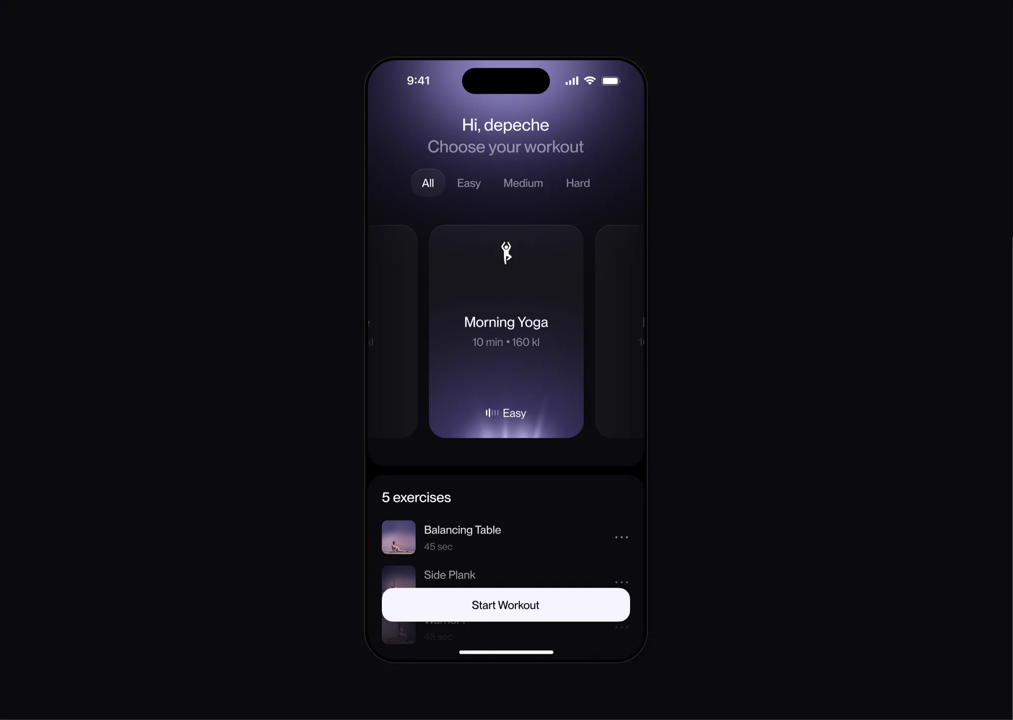 Workout app: choose your workout screen with an exercise list