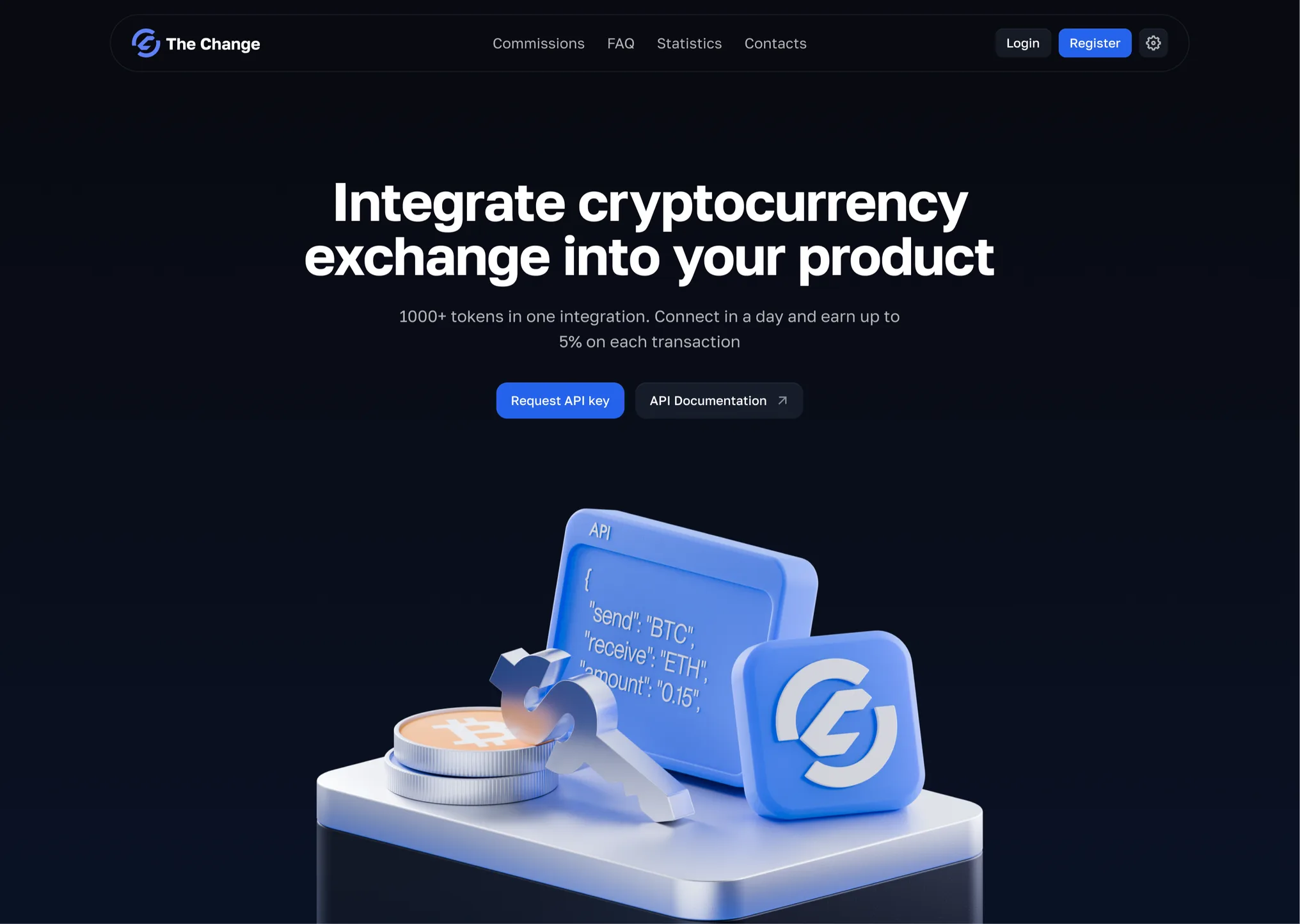 The Change landing page: integrate cryptocurrency exchange into your product