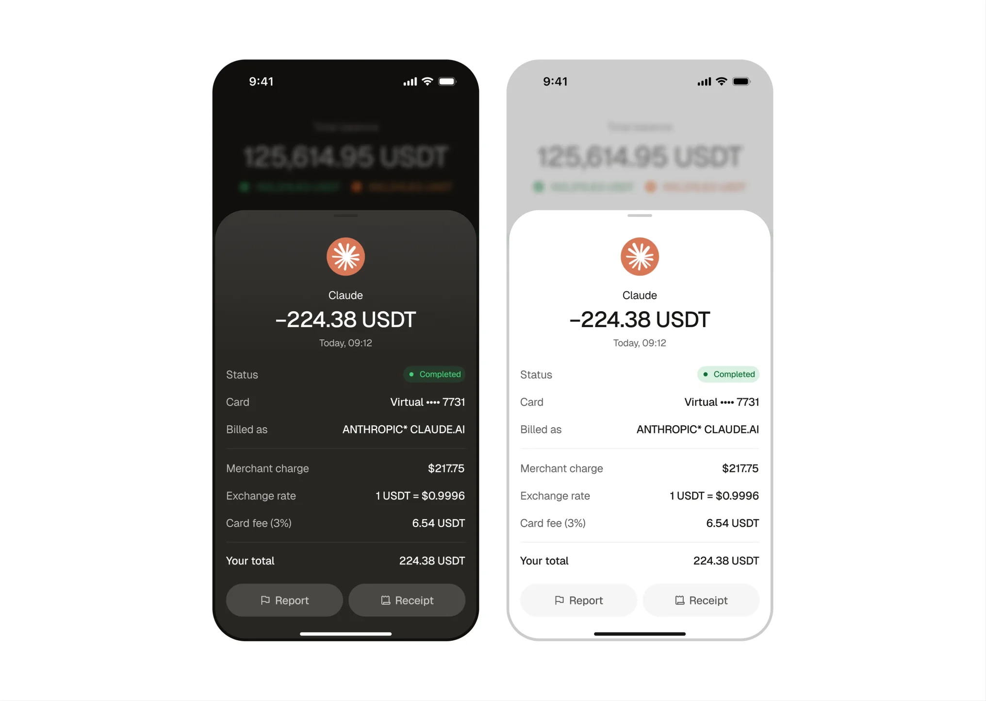 Crypto wallet transaction details in dark and light themes