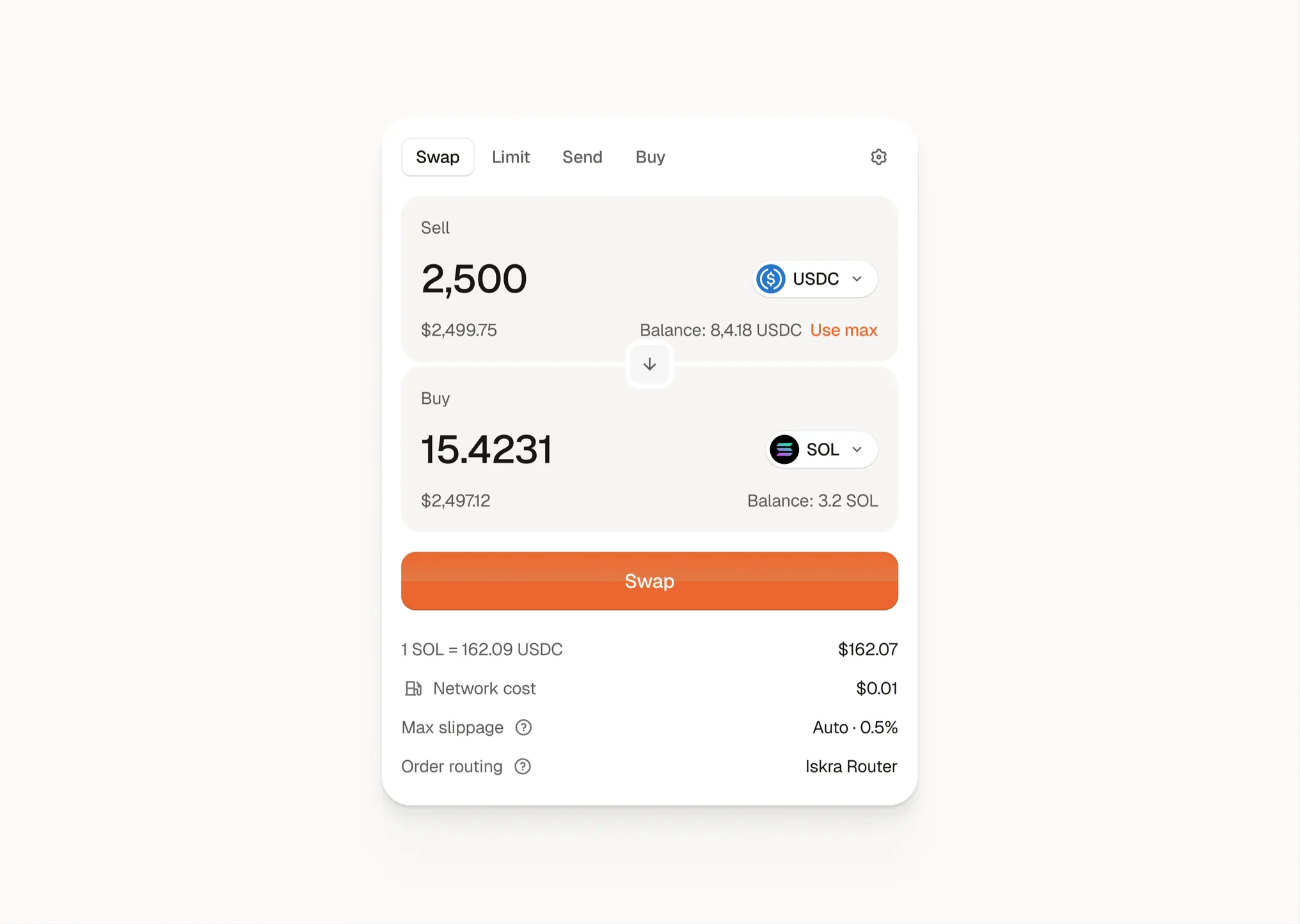 Swap widget with amounts, rate and fees